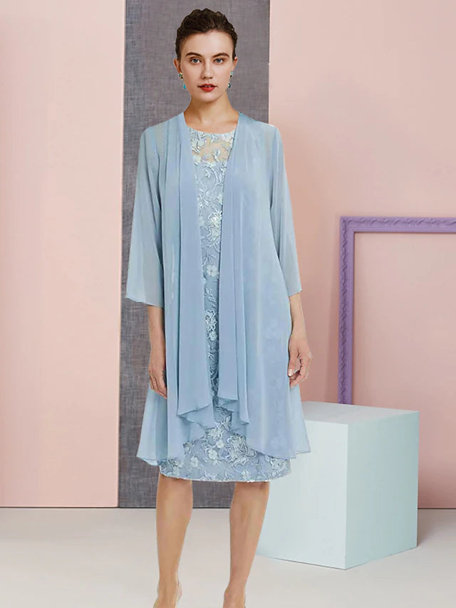 Luolandi Two Piece Sheath / Column Mother of the Bride Dress Formal Wedding Guest Vintage Elegant Scoop Neck Knee Length Chiffon Lace Sleeveless Jacket Dresses